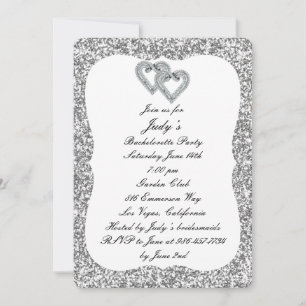 Silver Glitter Diamond Hearts Bachelorette Party Invitation