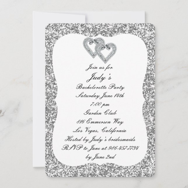 Silver Glitter Diamond Hearts Bachelorette Party Invitation (Front)