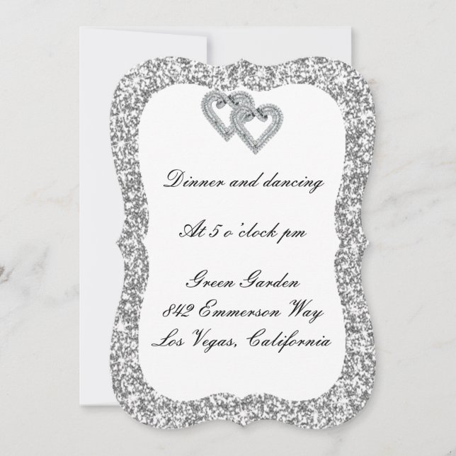 Silver Glitter Diamond Hearts Reception Card (Front)