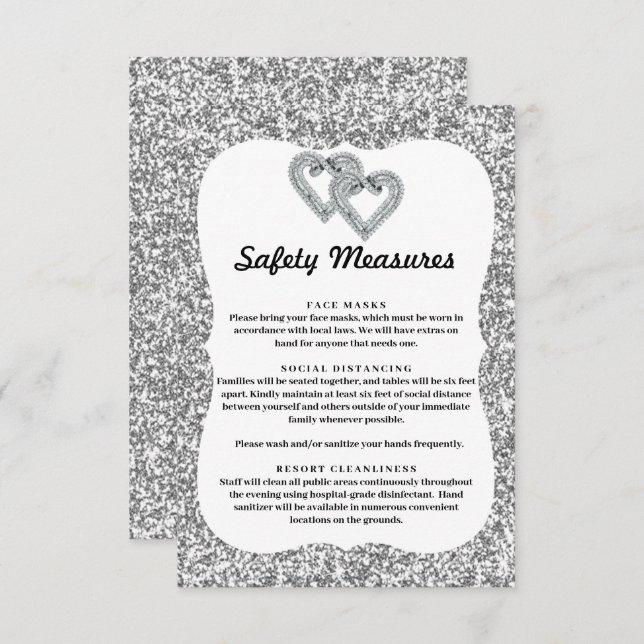 Silver Glitter Diamond Hearts Safety Measures Enclosure Card (Front/Back)