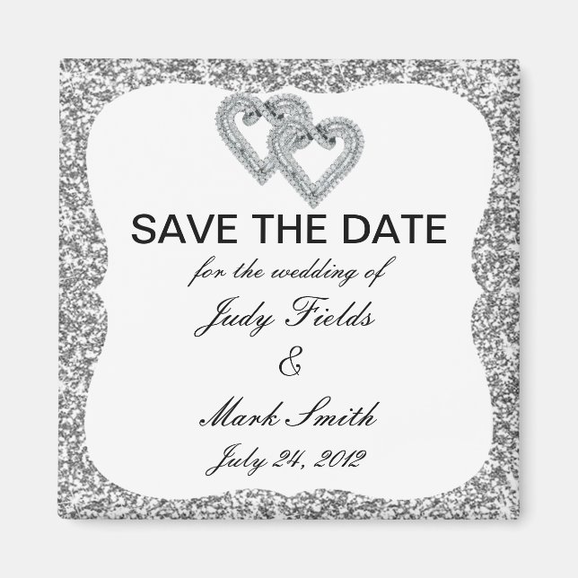Silver Glitter Diamond Hearts Save The Date Magnet (Front)
