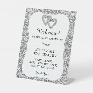 Silver Glitter Diamond Hearts Wedding Safety Pedestal Sign