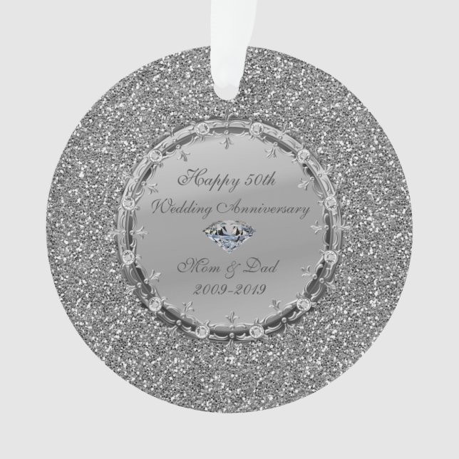Silver Glitter Diamonds 50th Wedding Anniversary Ornament (Front)