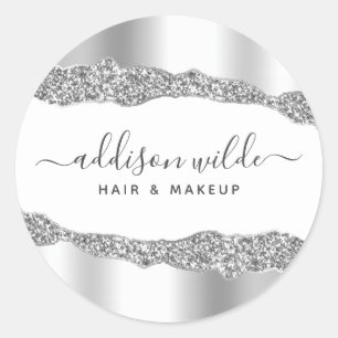 Silver Glitter Diamonds Glam Business Classic Round Sticker