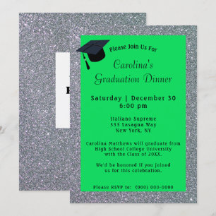 Silver Glitter Dinner Green Graduation Invitation