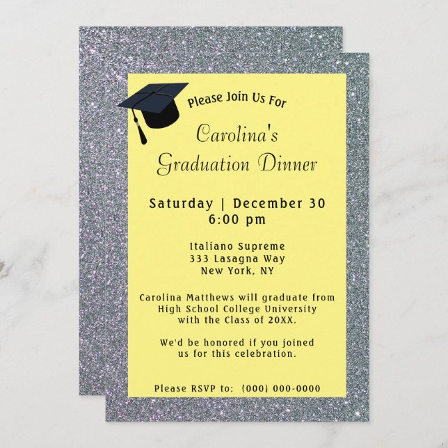 Silver Glitter Dinner Yellow Graduation Invitation (Front/Back)