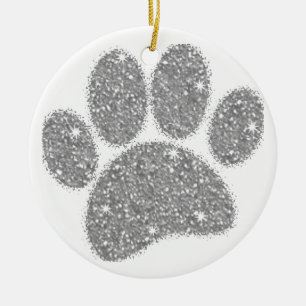 Silver Glitter Dog Pawprint Ceramic Ornament