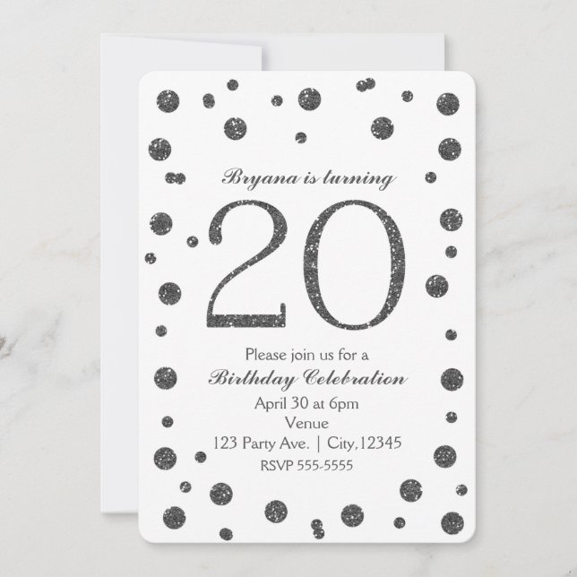 Silver Glitter Dots 20th 20 Birthday Party Invitation (Front)