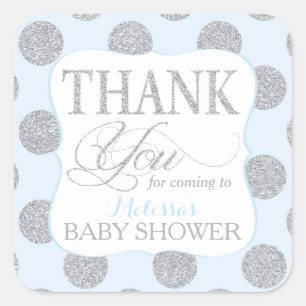 Silver Glitter Dots Baby Blue Thank You Label