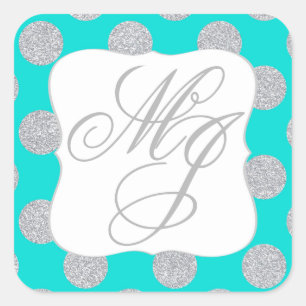 Silver Glitter Dots Turquoise Monogram Label