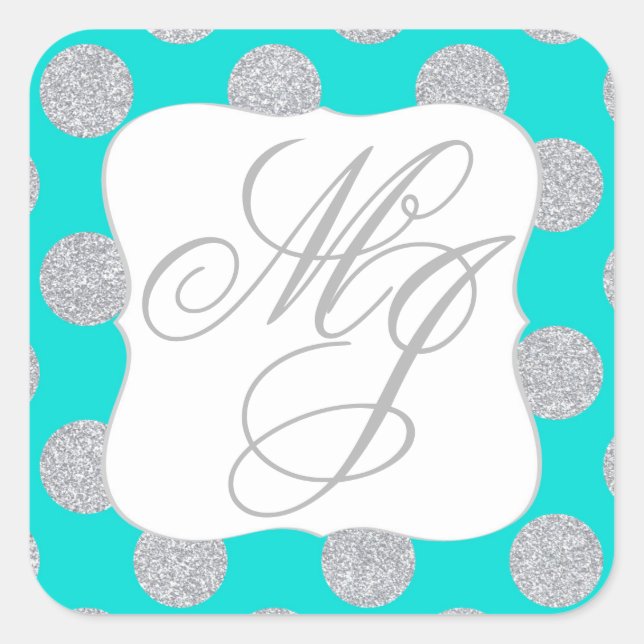Silver Glitter Dots Turquoise Monogram Label (Front)