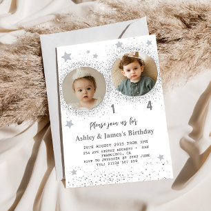 Silver Glitter Double Birthday Kids Photo Invitation