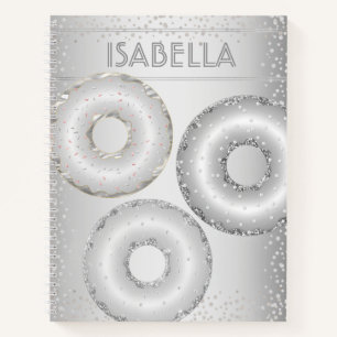 Silver glitter doughnuts modern trendy girly name notebook