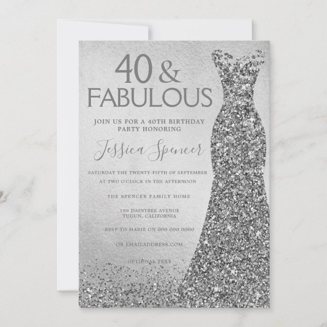 Silver Glitter Dress 40 & fabulous 40th Birthday Invitation (Front)