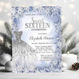 Silver Glitter Dress Blue Snowflakes Sweet 16  Invitation