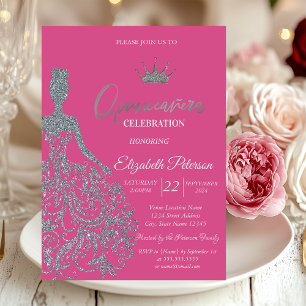 Silver Glitter Dress Chic  Fuschia Quinceanera  Invitation