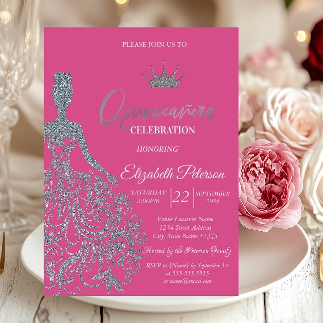 Silver Glitter Dress Chic  Fuschia Quinceanera  Invitation (Creator Uploaded)