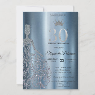 Silver Glitter Dress, Diamonds Blue 30th Birthday Invitation