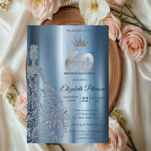 Silver Glitter Dress, Diamonds Blue 60th Birthday Invitation