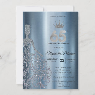 Silver Glitter Dress, Diamonds Blue 65th Birthday Invitation
