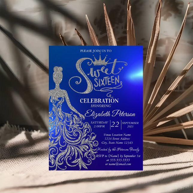 Silver Glitter Dress,Diamonds Blue Sweet 16  Invitation (Creator Uploaded)
