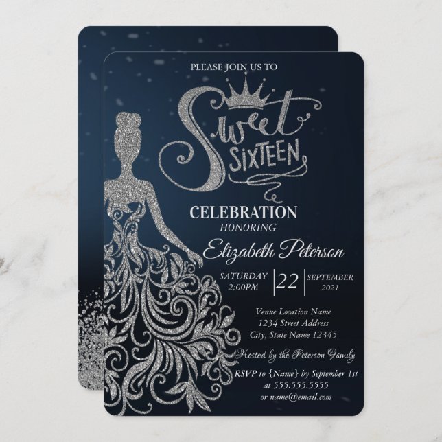 Silver Glitter Dress,Diamonds Dark Blue Sweet 16  Invitation (Front/Back)