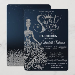 Silver Glitter Dress,Diamonds Dark Blue Sweet 16  Invitation