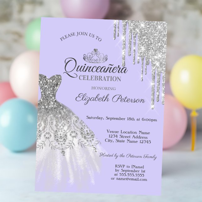 Silver Glitter Dress,Drips  Purple Quinceañera  Invitation (Creator Uploaded)