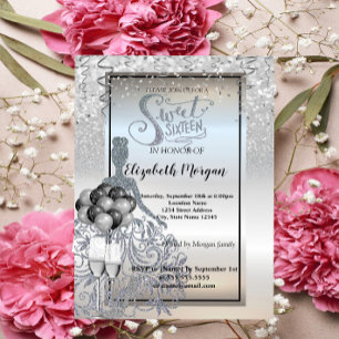 Silver  Glitter Dress,Glass,Ballons Sweet 16 Party Invitation