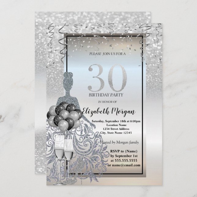 Silver Glitter Dress,Glass,Balloons 30th Birthday Invitation (Front/Back)