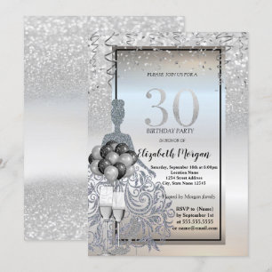 Silver Glitter Dress,Glass,Balloons 30th Birthday Invitation