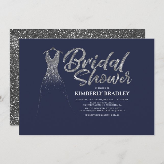 Silver Glitter Dress Navy Blue Bridal Shower Invitation (Front/Back)