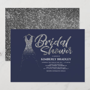 Silver Glitter Dress Navy Blue Bridal Shower Invitation