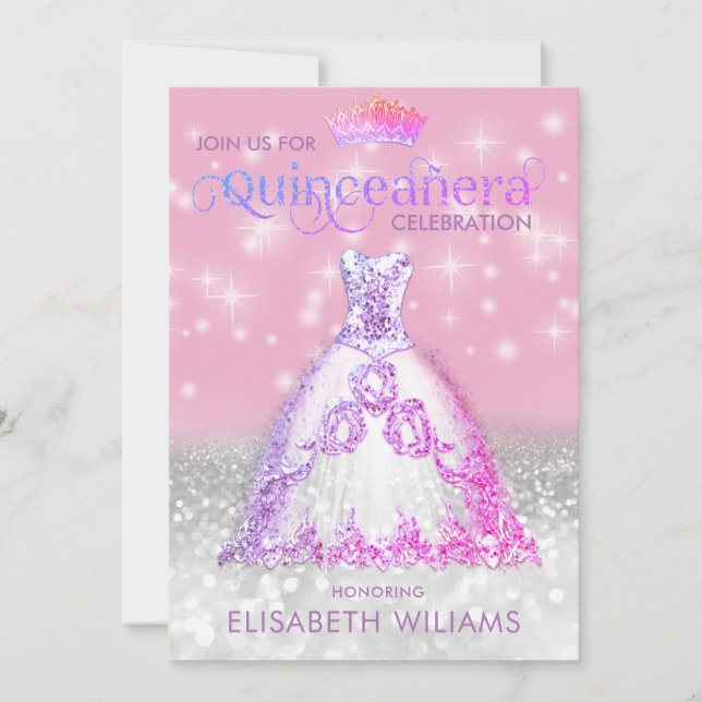 Silver glitter dress ombre tiara Quinceañera   Inv Invitation (Front)