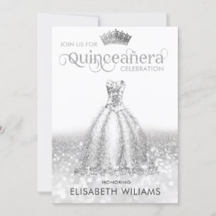 Silver glitter dress ombre tiara Quinceañera Invi Invitation