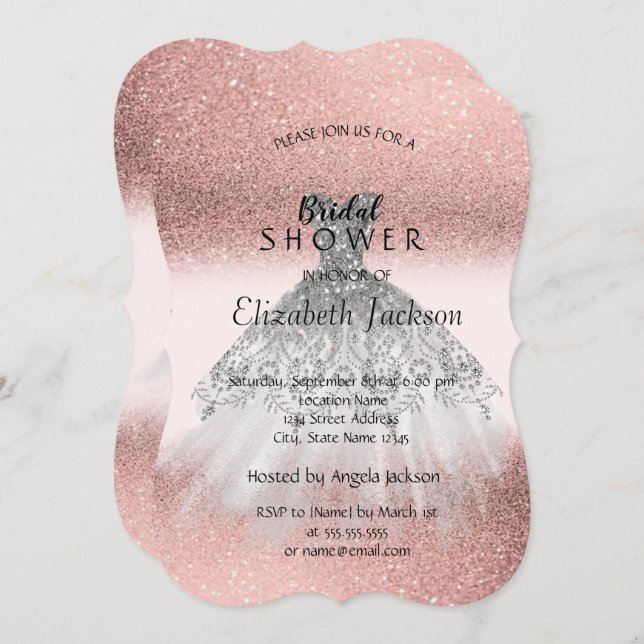 Silver Glitter Dress Rose Gold Bridal Shower Invitation (Front/Back)
