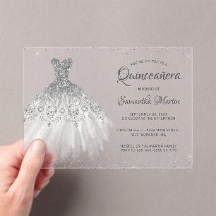 Silver Glitter Dress Script Quinceañera Party Acrylic Invitations