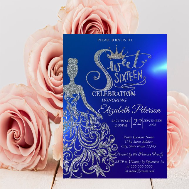Silver Glitter Dress,Tiara,Diamonds Blue  Invitation (Creator Uploaded)