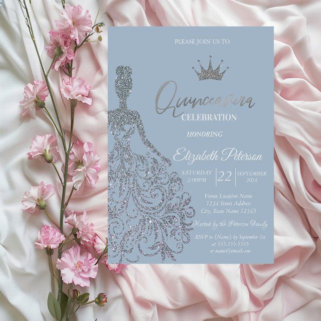 Silver Glitter Dress Tiara Dusty Blue Quinceanera Invitation (Creator Uploaded)
