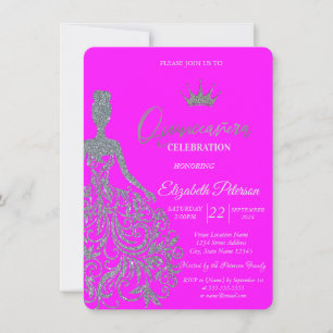 Silver Glitter Dress Tiara Fuschia Quinceanera Invitation
