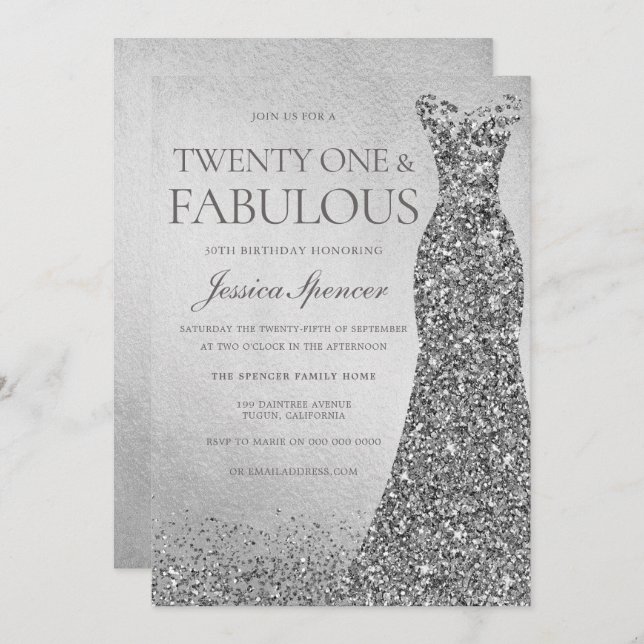 Silver Glitter Dress Womans 21st Birthday Party Invitation (Front/Back)