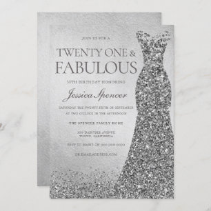 Silver Glitter Dress Womans 21st Birthday Party Invitation