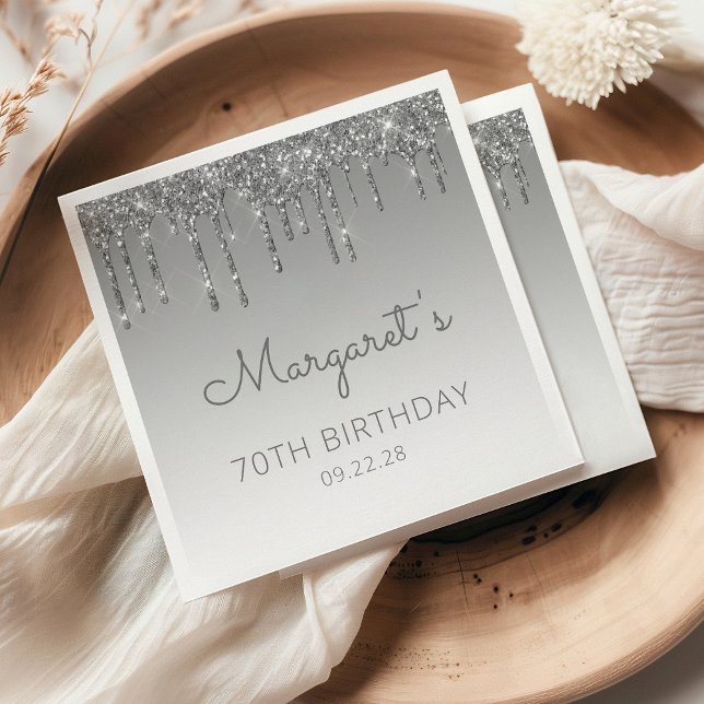 Silver Glitter Drip 70th Birthday Napkin (Creator Uploaded)