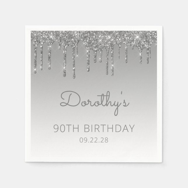 Silver Glitter Drip 90th Birthday Party Napkin (Front)