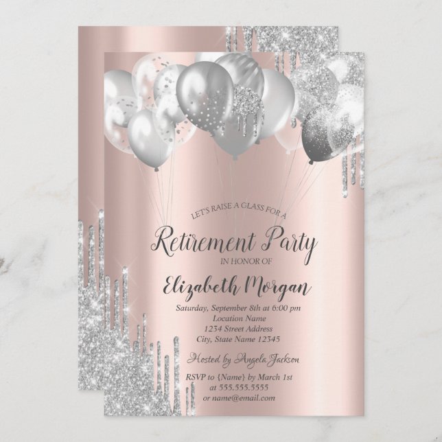 Silver Glitter Drip Balloons Rose Gold Retirement  Invitation (Front/Back)