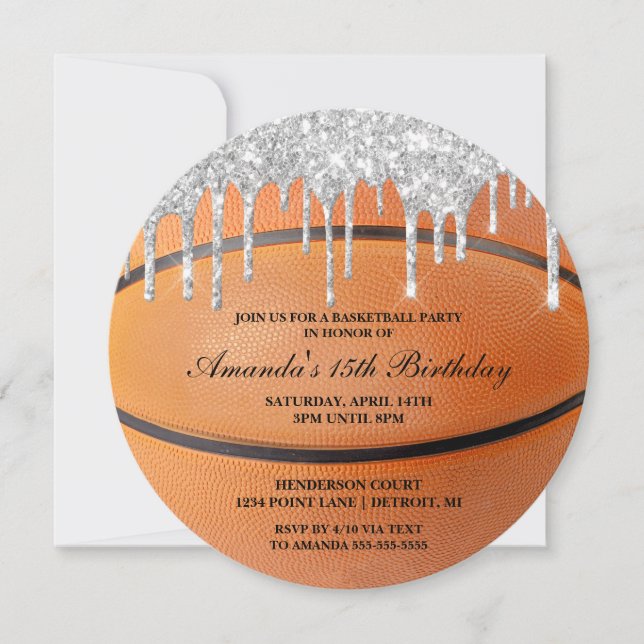 Silver Glitter Drip Basketball Invitation (Front)