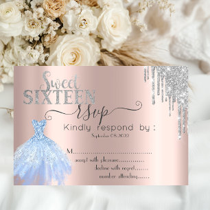 Silver Glitter Drip Blue Dress Sweet 16 RSVP  Invitation