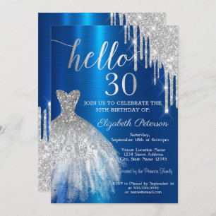 Silver Glitter Drip Dress Blue Metallic 30th  Invitation