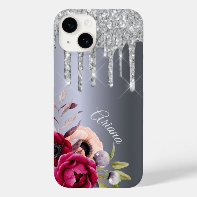 Silver glitter drip flowers burgundy name Case-Mate iPhone case (Back)