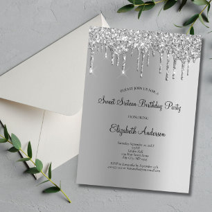 Silver Glitter Drip Glam Sweet 16 Birthday  Invitation